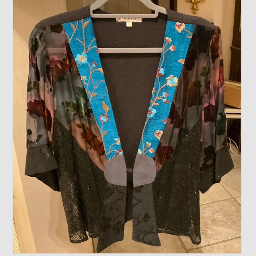 Spencer Alexis Kimono Jacket Top Large Teal Wine Green Black Burnout Velvet